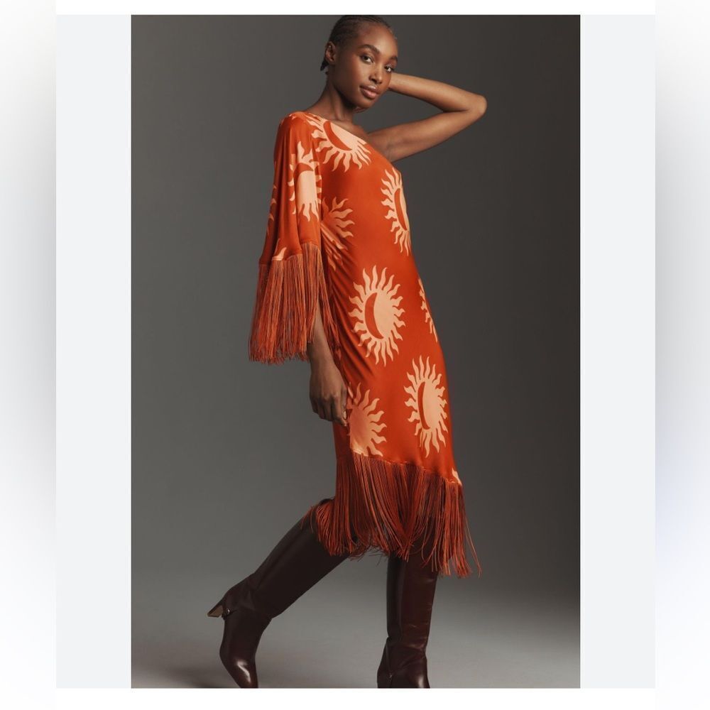 Farm Rio x Anthropologie One-Shoulder A-Line Fringe Mini Dress Large Honey 🍯